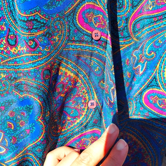 Vintage Alfred Dunner 80s 90s Paisley Blue Pink Yellow Button Up Cravat Shirt - Picture 5 of 8